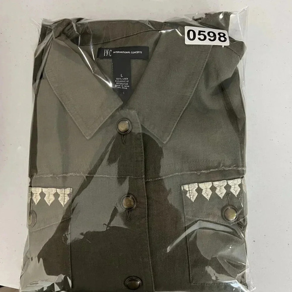 INC International Concepts Womens L Green Linen Embroidered Jacket Peplum Hem - Picture 16 of 16